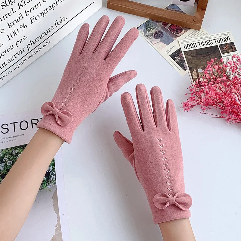 Guantes de invierno con pantalla táctil para mujer, manoplas de terciopelo grueso con lazo bordado, elegantes, a prueba de viento