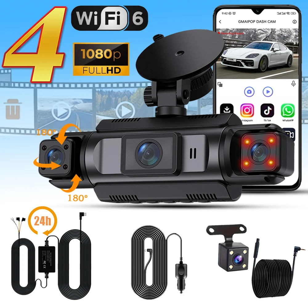 4Ch WiFi Dashcam auto camera Black Box Rijden DVR FHD 1080P Links Rechts Achter Nachtzicht Loop Recording Hardwire kit