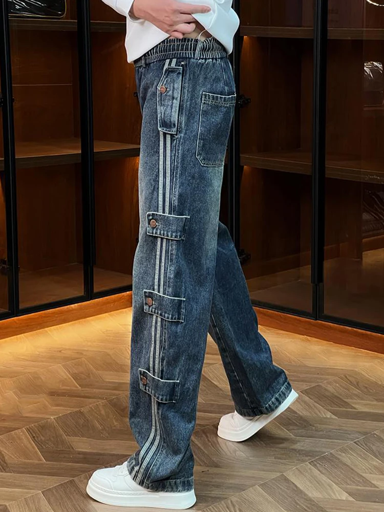 

Мужские прямые джинсы Waed American High Street, осенне-зимние молодежные повседневные длинные брюки с боковой нашивкой и пуговицами