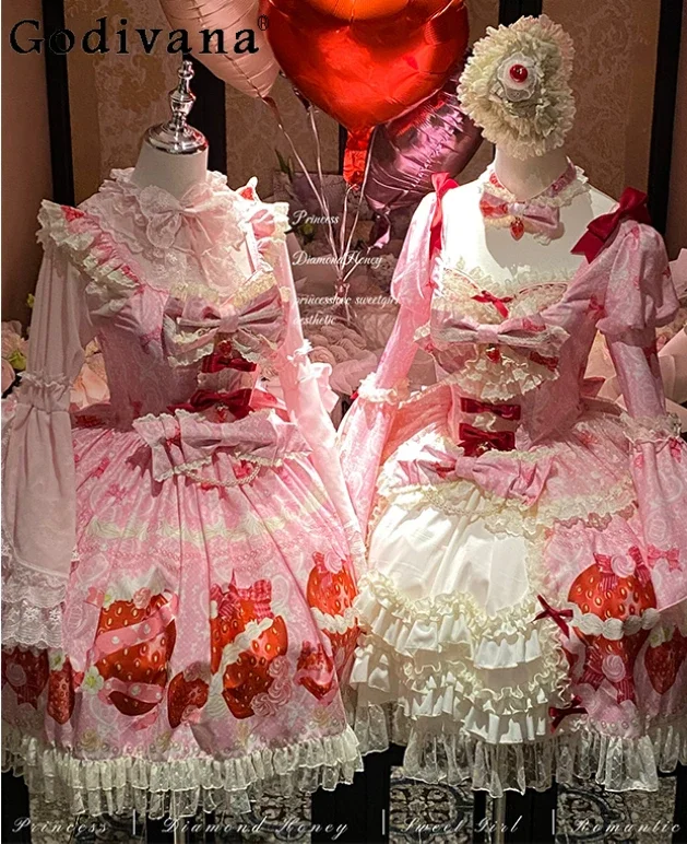 

2025 Pink Lolita Strawberry Print Strap Dress Women's Girl Cute Sweet Girl Bow Lace Birthday Party Dresses Spring and Summer