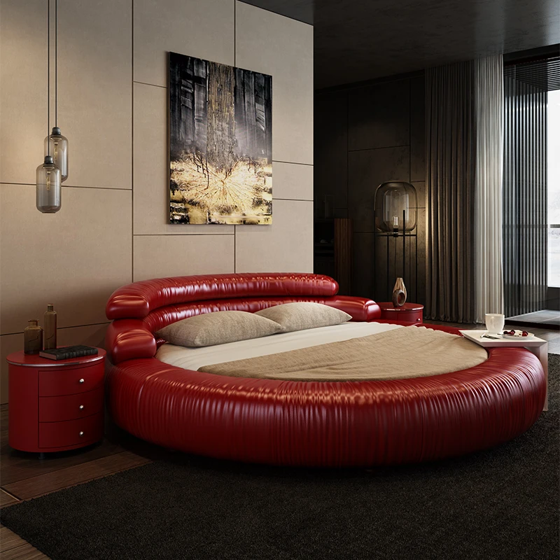 Italian minimalist leather round bed modern simple double round luxury romantic couples wedding bed