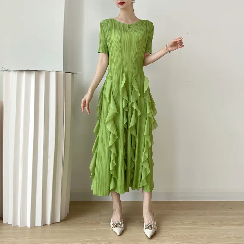 

Miyake Pleated Summer Design Sense High Waist Dress Temperament Slim Short Sleeve Fashion Chiffon Slim and Age Reducing Skirt