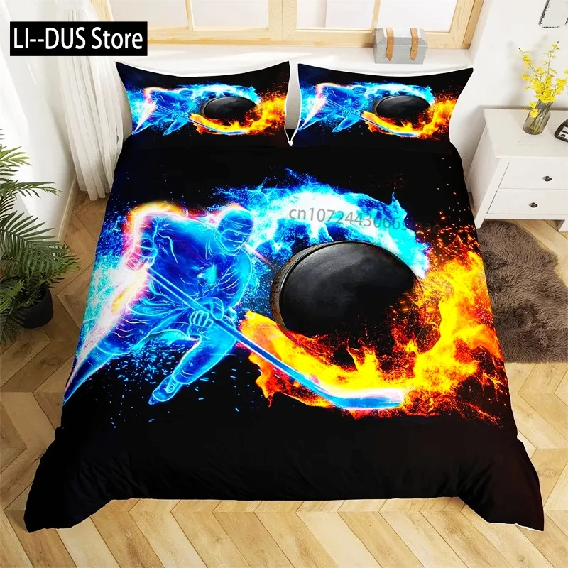 

Kids Ice Hockey Duvet Cover Full Hockey Player Pattern Bedding Set Winter Sports Theme Quilt Cover for Youth Teen Boy Room Decor