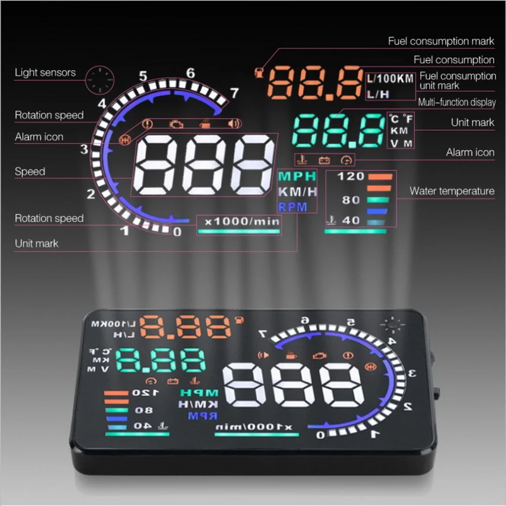 Hud Head Up Display for Car OBD2 Speed RPM Water Temp Voltage Fuel Efficiency Real Monitoring Compact Lightweight Build