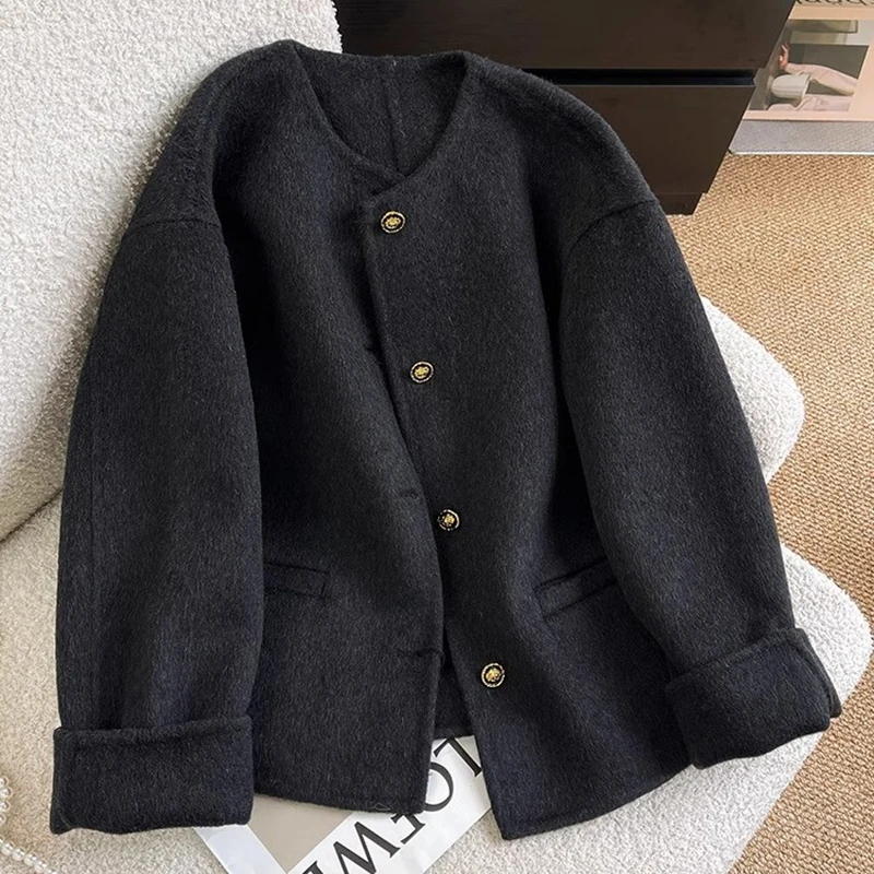 

Korean Double-Sided Wool Coat for Women Elegant Black Single Breasted Loose Woolen Overcoats Chic Commuting Round Neck Outerwear