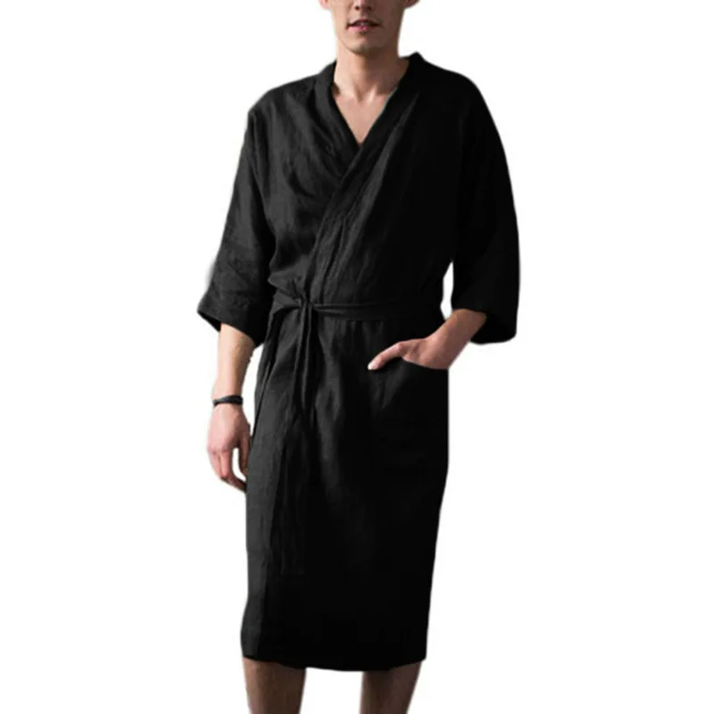 

Men's Long Sleeve Sleepwear Cotton Robe Autumn Home Clothes Comfortable Breathable Men's Bathrobe Thin Cotton Material