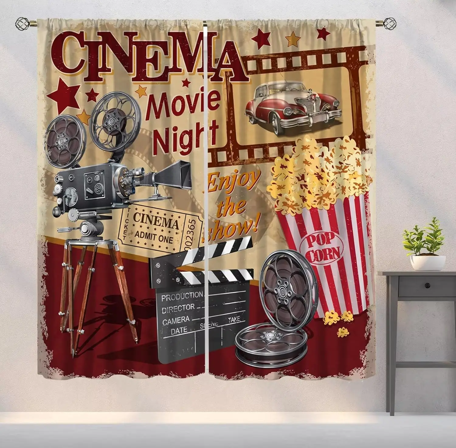 Vintage Movie Theater Curtains, Retro Popcorn Cinema Art Printed Blackout Window Drapes for Bedroom and Living Room, 2 Panels