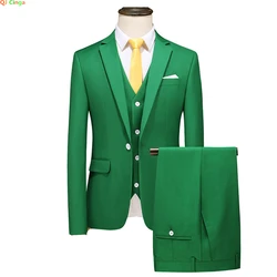 Emerald Green Men Sets, Business Casual Solid Color Suits / Male One Button Blazers Jacker Coat Vest Trousers Pants