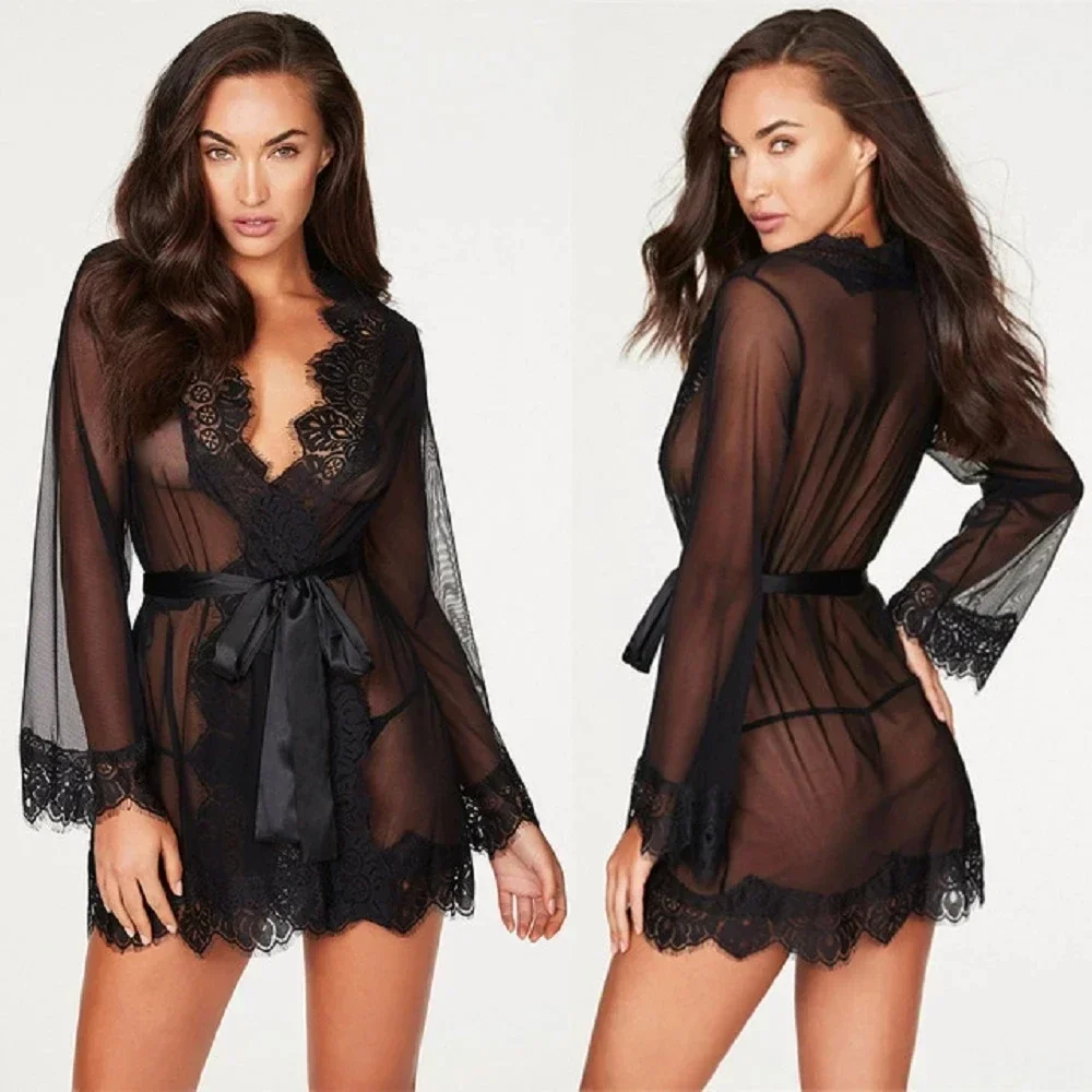 Sexy Women Lingerie Lace Night Dress Sleepwear Nightgown Bandage Deep V G-String See Through Sexy Sheer Sleep Dress Robe 2024