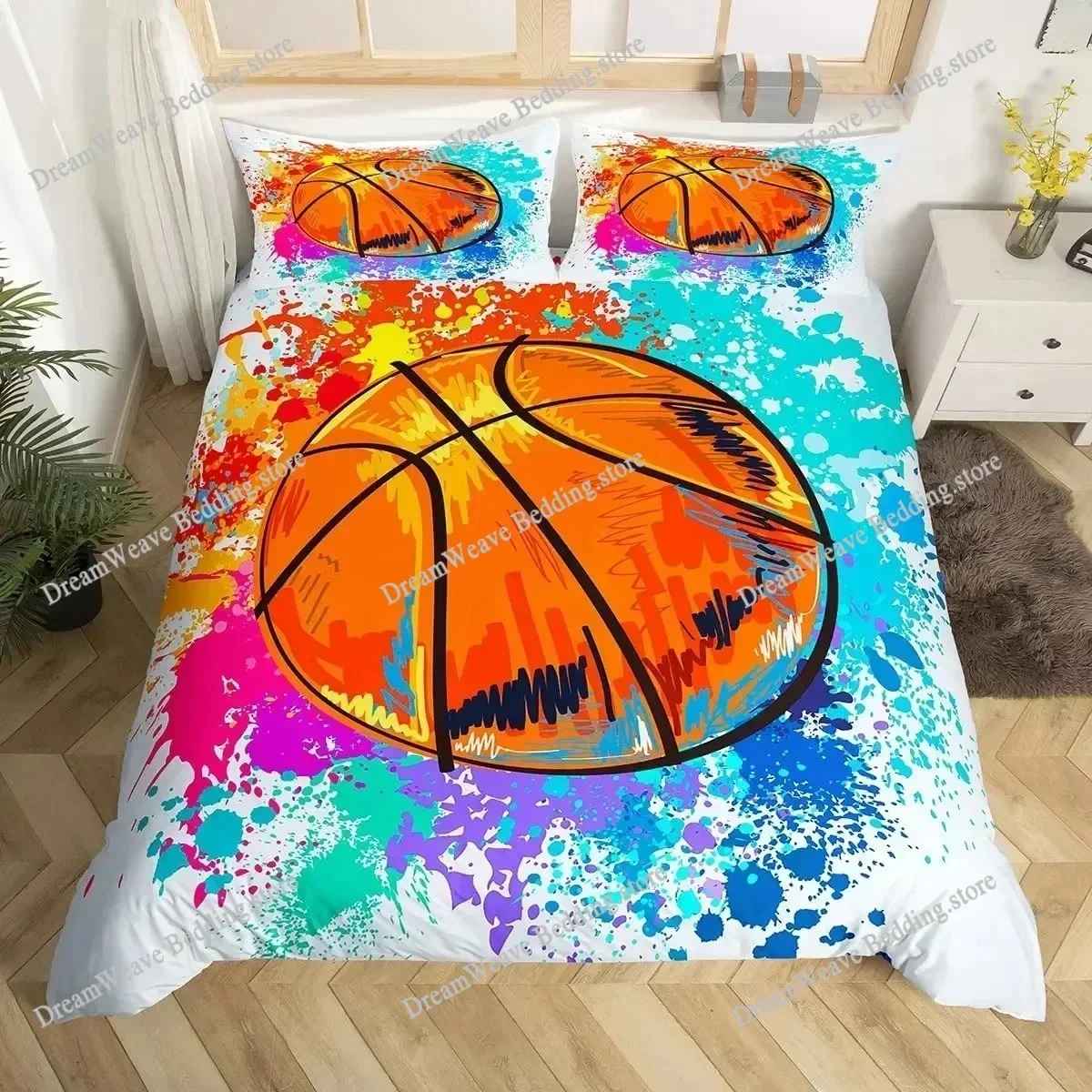 3D Watercolor Cartoon Basketball Bedding Set, Duvet Cover for Kid Teen Boys, Sports Polyester Quilt Cover Home Textileextile