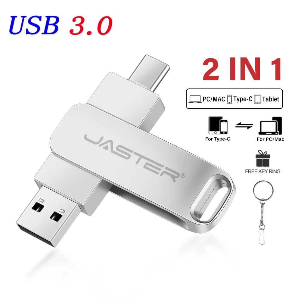 

JASTER Metal Memory Stick 128GB TYPE-C USB3.0 2 IN 1 Pen Drive 64GB Business Gift USB 3.0 Flash Drive 32GB Free Key Chain U Disk