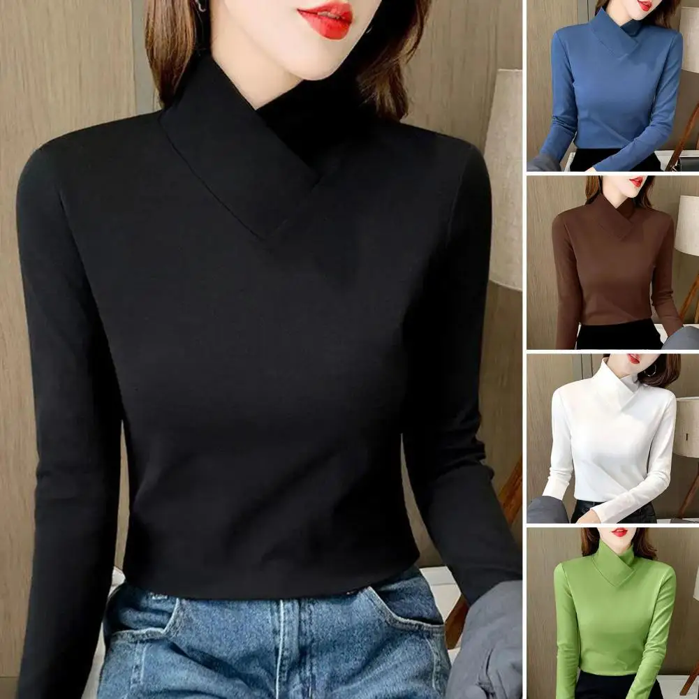 Autumn Winter T-shirts Tops Half Turtleneck Solid Long Sleeve Warm Fleece Bottoming Shirts Tees For Women