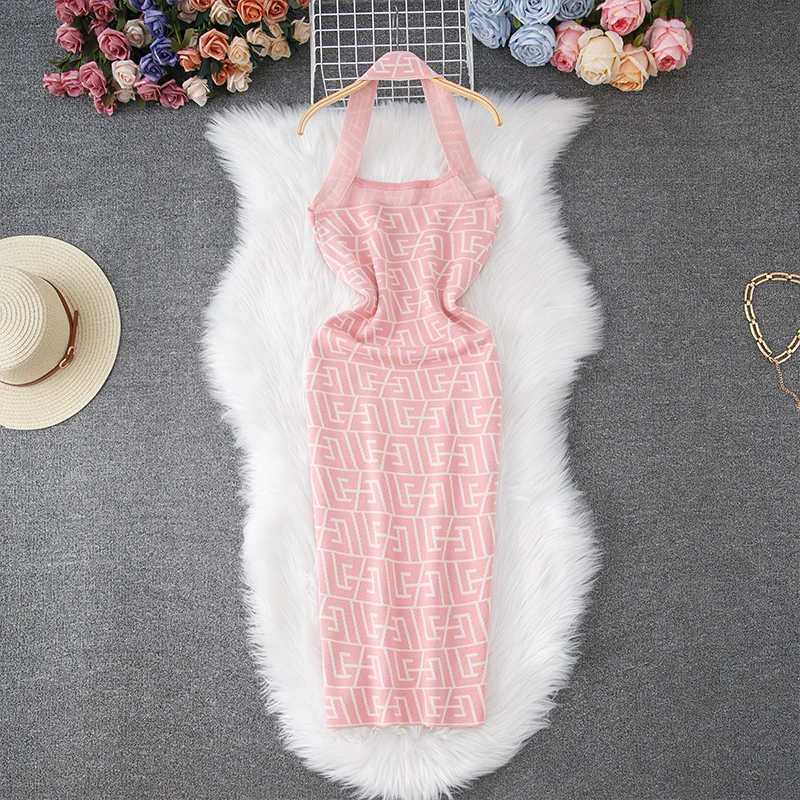 

Spring Summer Women Sexy Wrap Hips Halter Mini Party Vestidos Fashion Geometric Knitting Dress Y2K Halter Bodycon Summer Dress