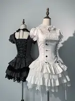 Aesthetic Gothic Skinny Short Sleeve Lolita Dress Women Summer Japanese Square Neck Lace Patchwork One-piece Dresses Female 2