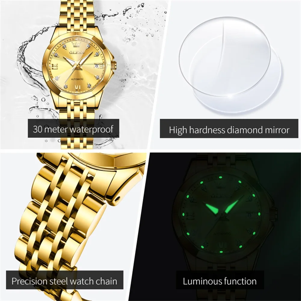 Olevs Damen uhren Gold Edelstahl voll automatische mechanische Armbanduhr Luxus wasserdichte Diamant Damen uhr Nr. 9982