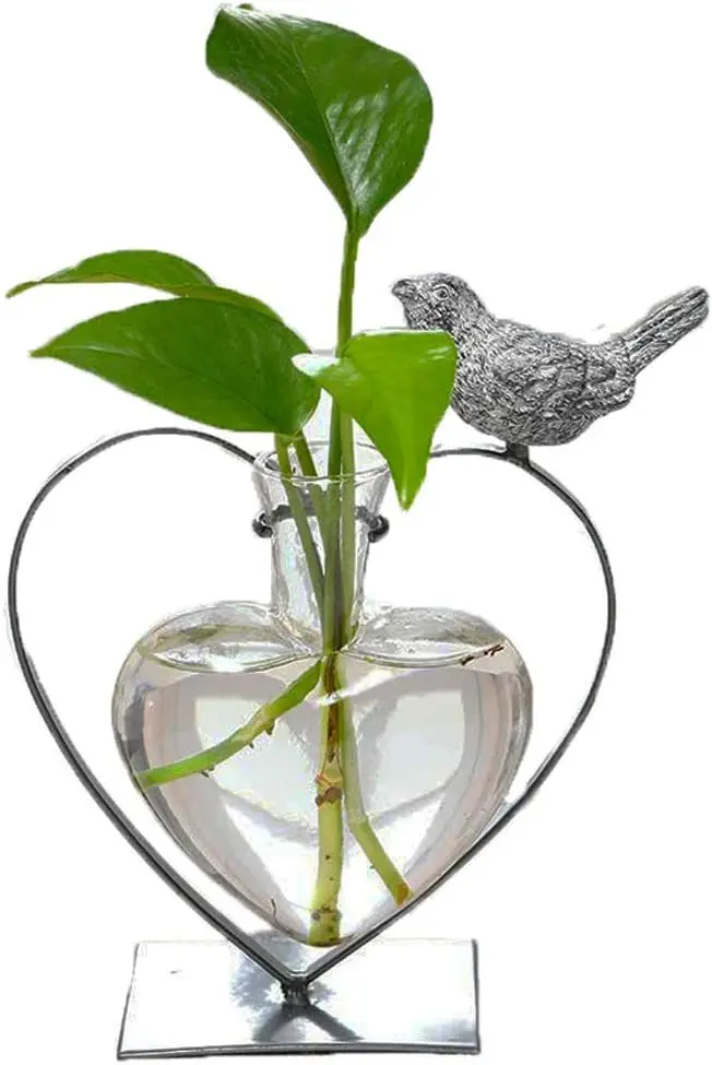 

Creative Bird Glass Vase with Metal Stand, Heart-Shaped Planter for Home Office Wedding Decor