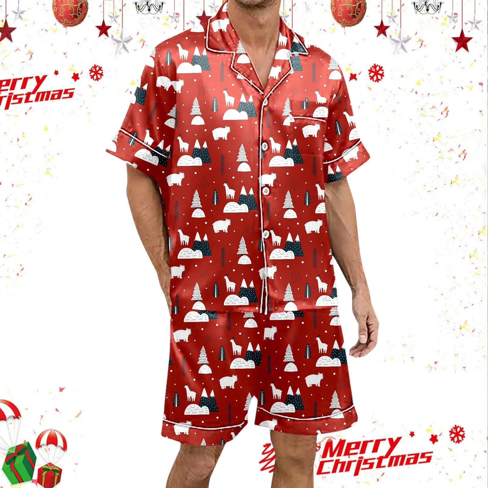 Men Christmas Tree Print Christmas Pajama Set Sleepwear Pyjama Button Down Top Shorts Nightgowns Ladies Xmas Silk Satin Linger