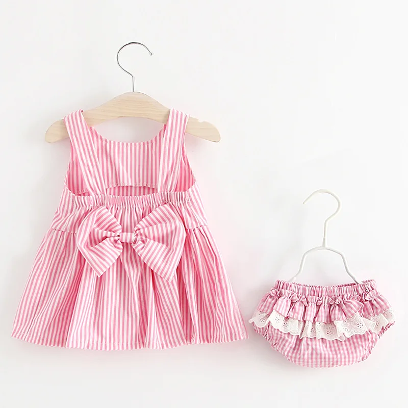 Summer Baby Girl Dress With Bowknot Striped Jumpsuit Cotton Dress For Newborn Sleeveless vest+shorts 2PCS Baby Crawling Clothes