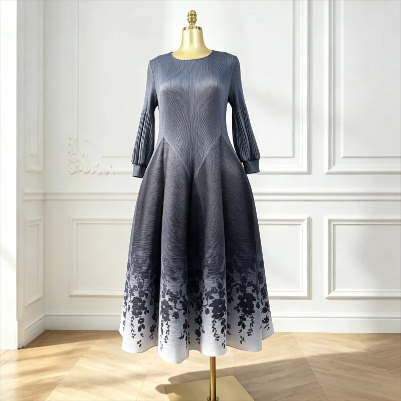 Miyake Pleated Lantern Sleeve Dresses New Simple Fashion Printed Stretch Plus Size Women's Flower Bud Dress European American