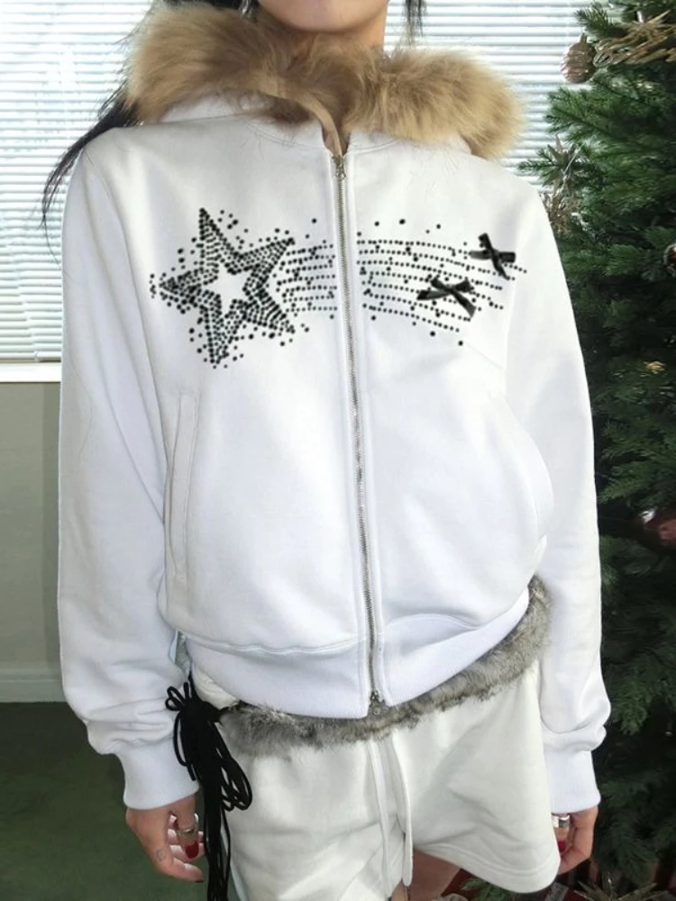 

Y2K Harajuku стиль куртка с меховым воротником и капюшоном женская винтажная осенне-зимняя тонкая толстовка на молнии ретро модная уличная толстовка
