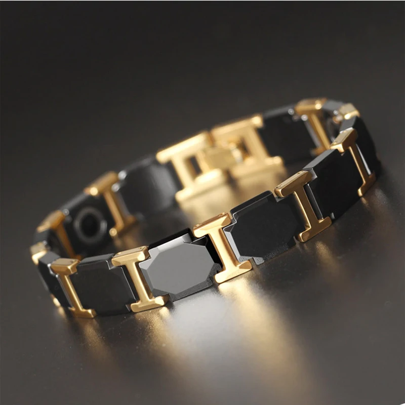 11mm Punk Luxury Black Ceramic Magnetic Health Germanium Bracelet Men Women Gold Color Stainless Steel Bike Chain Bangle Jewelry