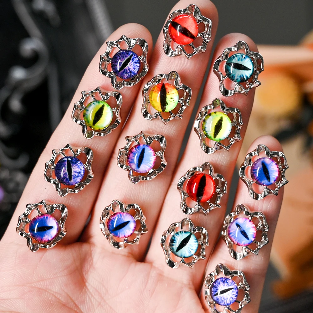 Aolly Y2K Devil Eye Nail Charms 10pcs Blue/Yellow/Red Rhinestones Nail Metal Jewelries 13*14mm Eyeball Nail Halloween Decoration