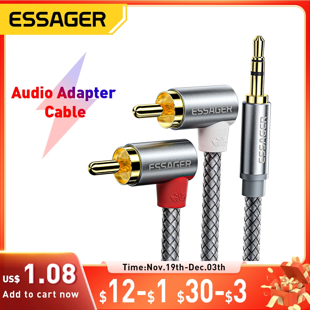 Essager 90 ° Angle RCA Audio Stereo Cable Jack 3.5mm to 2RCA Cable Splitter Male Adapter For Amplifiers Audio Home Theater Wire
