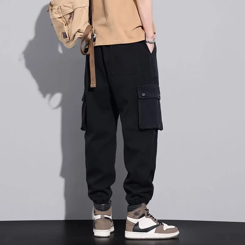 Men's Street Casual Pasting Cloth Cargo Pants Multiple Pockets Loose Tie One's Feet Waist Drawstring All-match Male Trousers