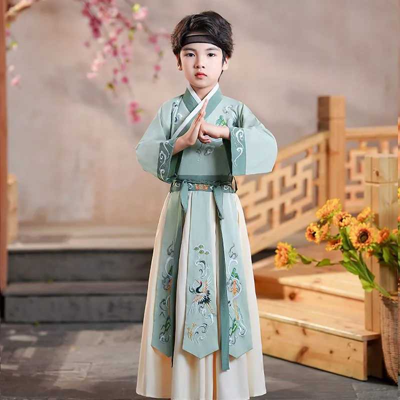 الأولاد Hanfu ملابس ملابس الأطفال مجموعة الأزرق الأحمر الصينية التقليدية زي مرحلة ربيع الخريف تحسين أداء الأطفال Hanfu