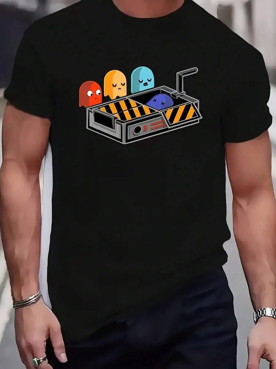 A Men's Cartoon Ghost Pattern T-Shirt, Cotton, Sporty Style, Round Neck, Suitable For All Seasons, Regular Fit, Slightly 100%
