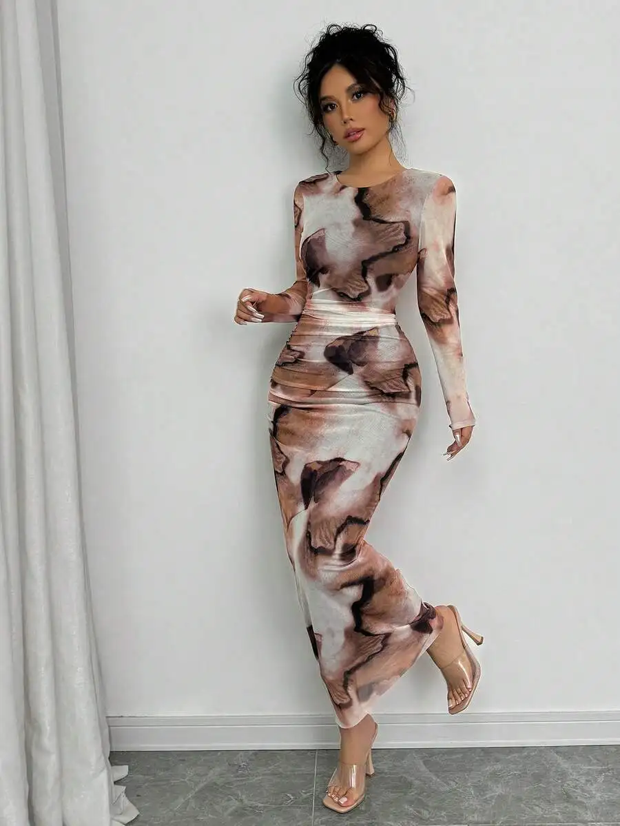 

Elegant Gradient Print Long Sleeve Bodycon Maxi Dress for Women Fall Fashion