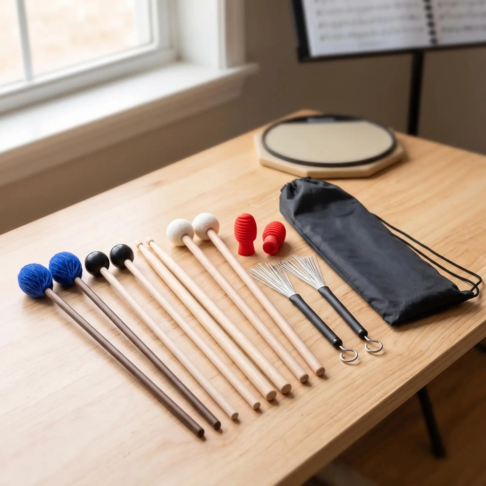 Percussion Drumstick Bundle 5A Maple Wood Sticks with Yarn Mallets Wire Brushes and Carry Bag for Drums