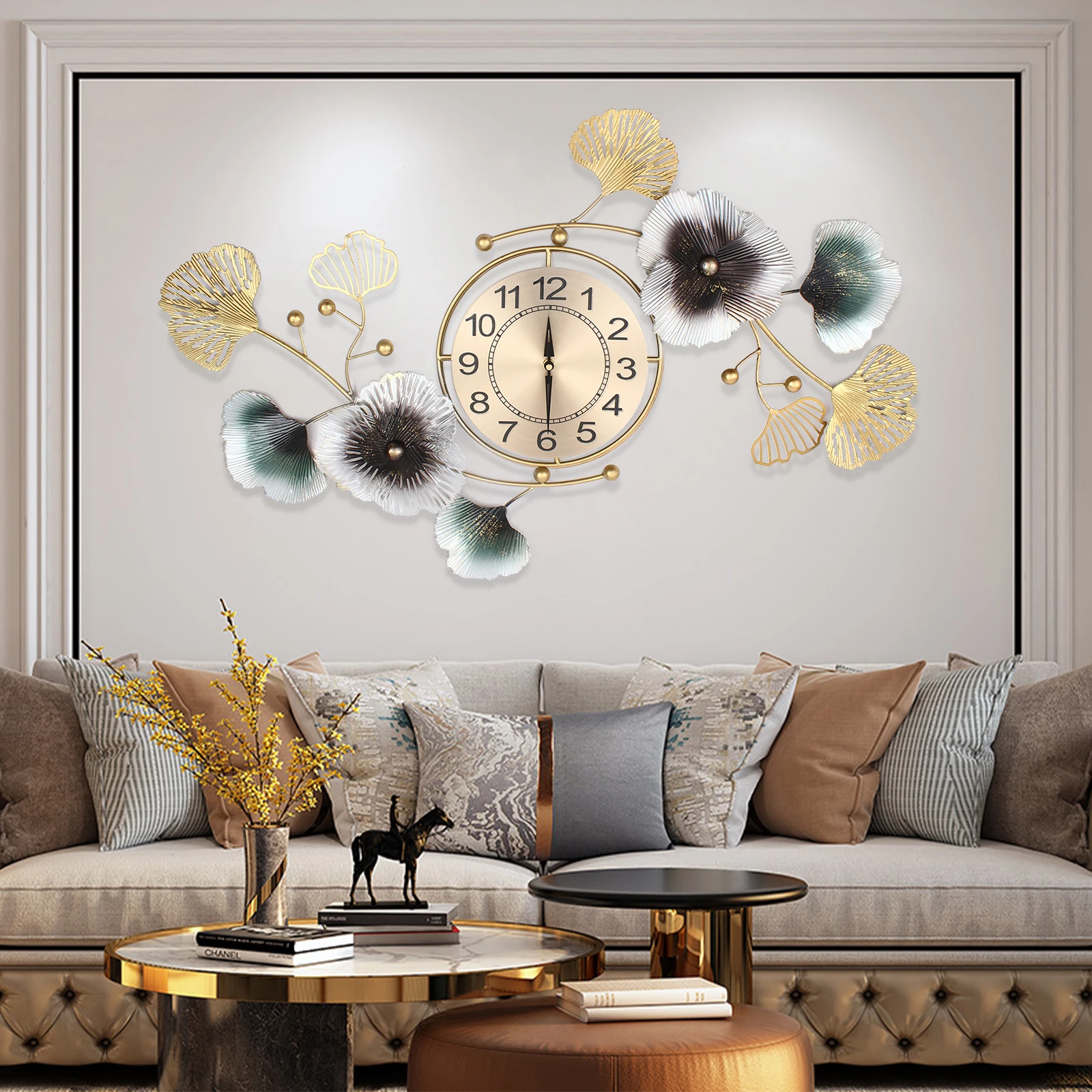 Atmosphere Ginkgo Leaf Wall Clock Mute DIY Large Wall Clock Modern Arabic Numerals Metal Material Home Office Decor