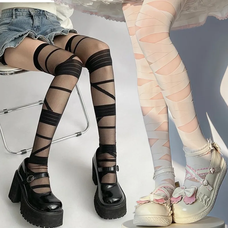 Women Tight Shaping Transparent Leggings Sox Fashion Cross Tie Black White Long Tube Socks Sexy Silk Stockings Girl Lolita Sweet