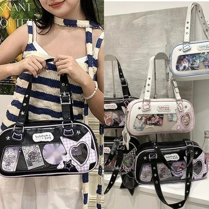 

Star Grid Itabag Y2K Tote Bag Korean Handbag For Women 2024 Kawaii Sweet Girl Large Capacity High Street Storage Bag Armpit Bag