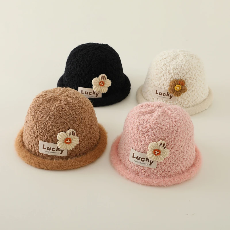 Autumn Winter Baby Fisherman Hats Lovely Flower Pattern Kids Boys Girls Children Caps Artificial Lambwool Soft Warm Bucket Hat