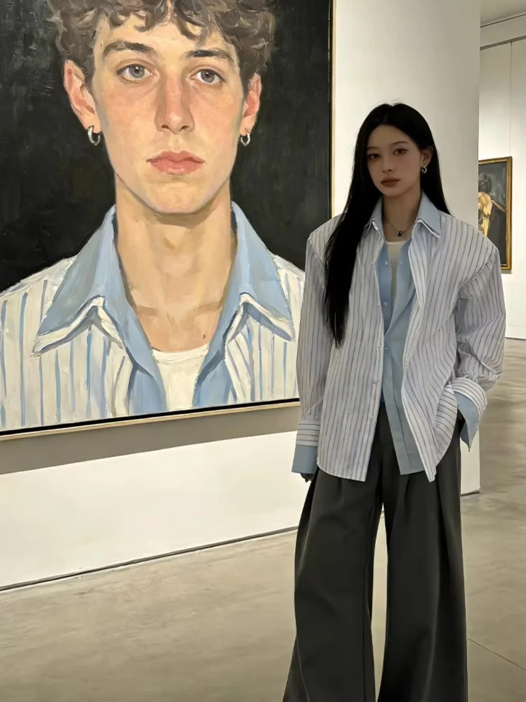 

Мужская синяя полосатая рубашка-куртка с длинным рукавом, весенняя, в стиле колледж, с пэчворком, повседневная, имитация двухслойности