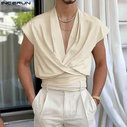 INCERUN Men Tank Tops Solid Color V Neck Pleated Sleeveless Casual Vests Streetwear Lace Up Summer Fashion Men Clothing S-5XL