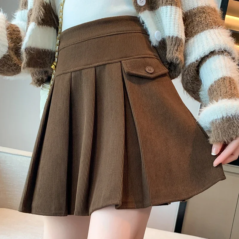 

Autumn Winter Vintage Corduroy Pleated Skirt Woman High Waist Casual Short Sweet Mini Skirts Lady