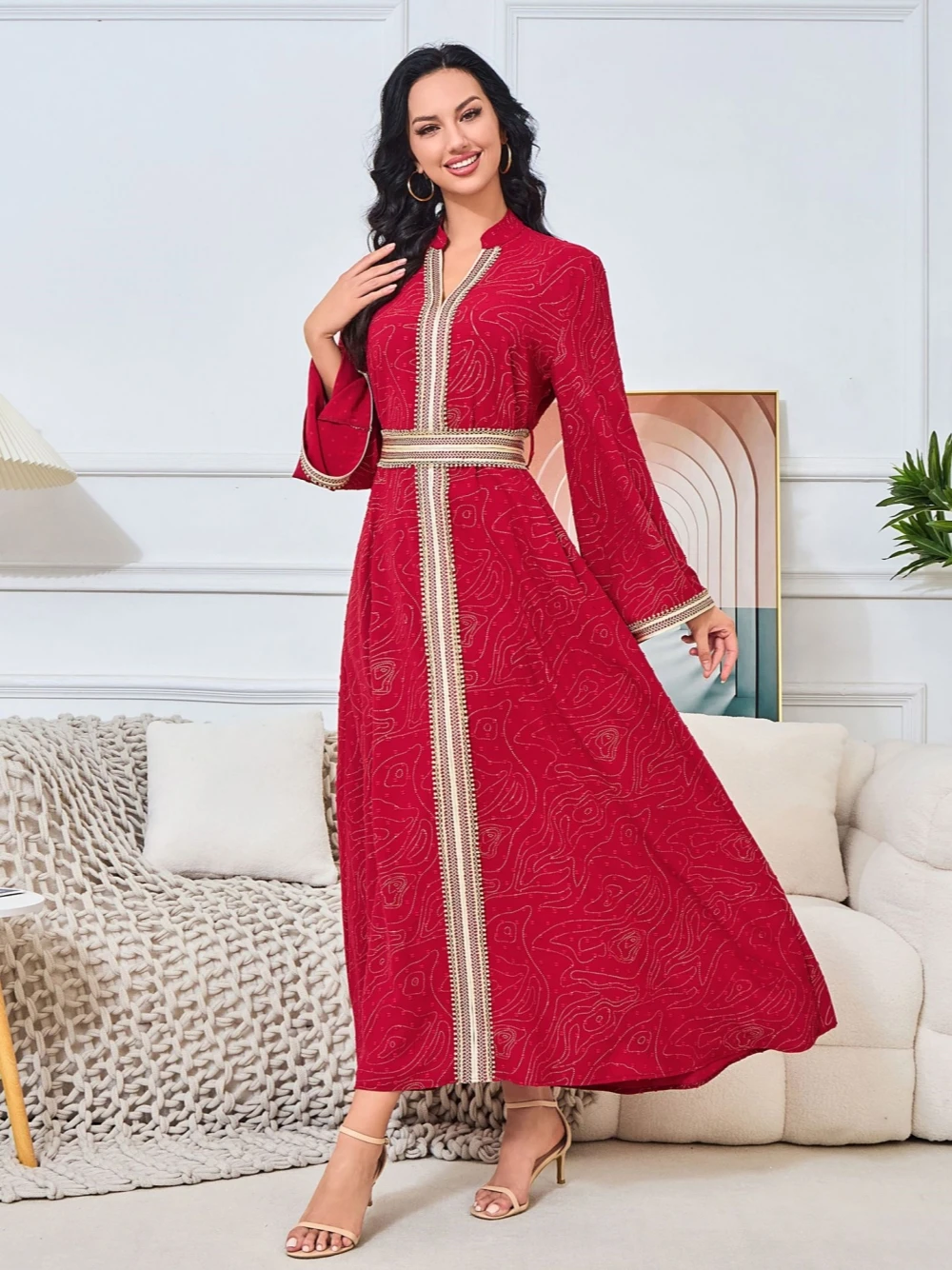 Red Simple Dubai Evening Dress Elegant Long Sleeves Long Prom Gown Customized For Women Caftan New Arrival A Line Cocktail Dress