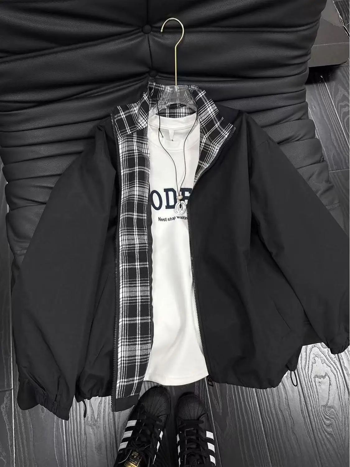 

Fitche клетчатый лоскутный пилотный джет мужской осенне-весенний американский воротник-стойка бейсбольное спортивное пальто с поясом