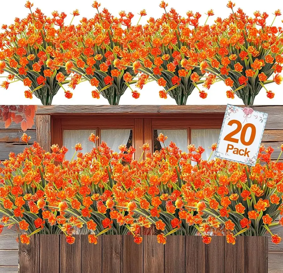 

20 Bundles Artificial Fall Flowers for Outdoors Fall Decorations-UV Resistant Fake Mums Faux Plants Plastic Flowers Greenery Hom