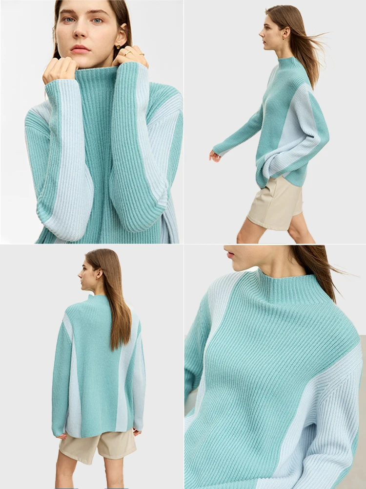 AMII Minimalist Mock Neck Sweater For Women 2023 Winter New Loose Warm Knitted Bottom Drop Sleeve Spliced Pullovers 12344157