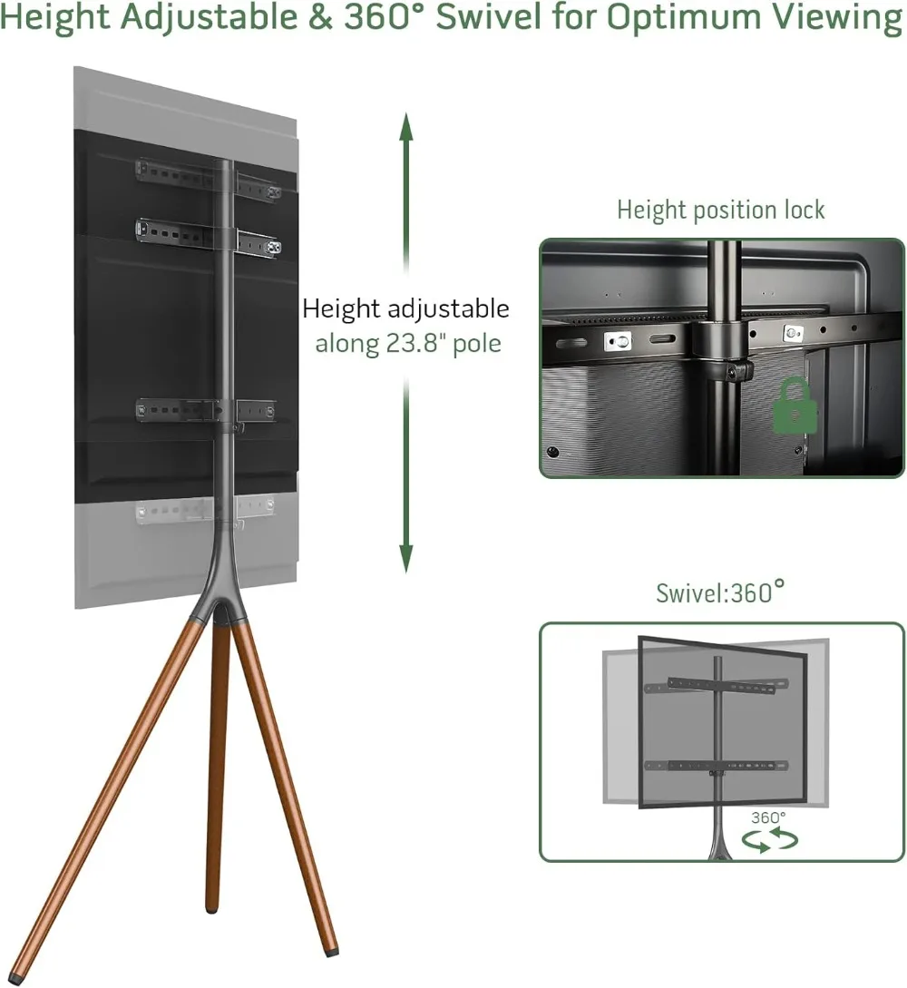 Easel TV Stand with Tripod Base for 32-65 inch TVs up to 77lbs, Swivel & Height Adjustable, VESA 600x400mm, Black view 5