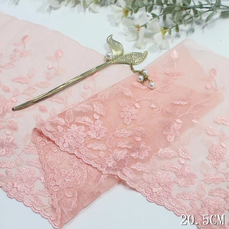 1Meter Pink Floral Leaves Embroidered Lace Mesh Lace Polyester Tulle Fabric for Skirt's Hemline