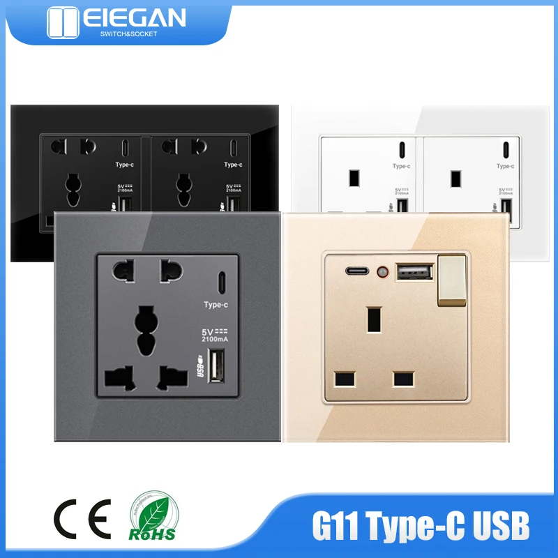 ELEGAN 3.1A UK Type-C Wall Outlet USB Ports Quick Charge Toughened Glass Panel Wall Power Socket UN Standard USB charging Socket