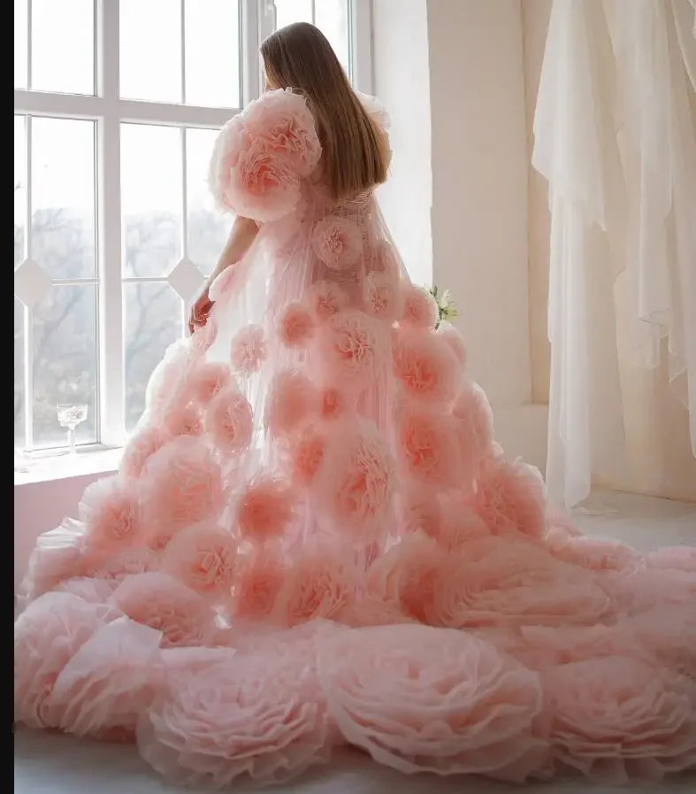 Handmade Flower Pink Cape Floor Length Dress for Photo Shoot tulle cloak Organza Flower Wedding Cloak custom color