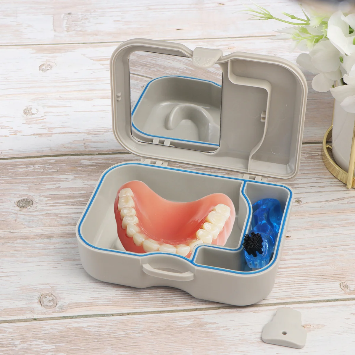 

1Pcs Denture Premium Portable False Teeth Storage Container with Mirror Brush for Travel Camping Cleaning