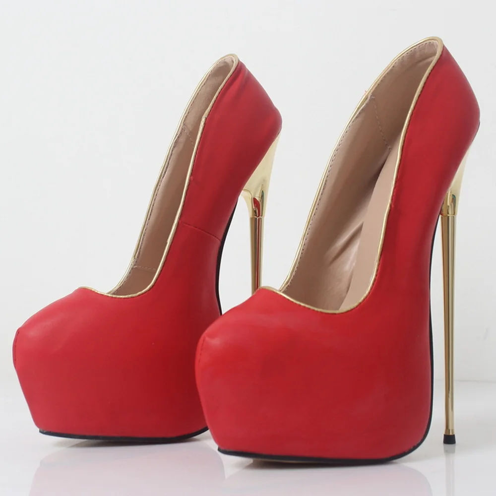 รองเท้าส้นสูงโลหะ 22 ซม., รองเท้าส้นตึกสำหรับผู้หญิง, รองเท้าเต้นรำสำหรับผู้ชายที่ชอบแต่งกายข้ามเพศ, หัวรองเท้าทรงกลม, สวมแบบสลิปออน, สีแดง, สีตามสั่ง