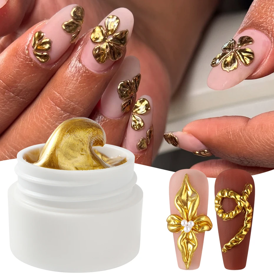 Gel Sólido 5G 3D Chrome para Escultura de Unhas, Gel UV Metálico Dourado e Prateado, Gel Construtor Não Pegajoso para Extensão de Unhas